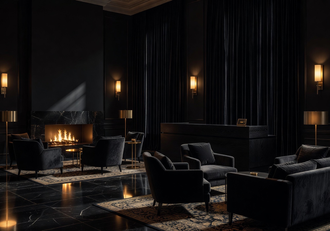 Dark luxury hotel interior with subtle golden lighting